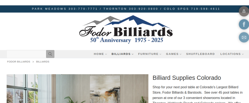 Website screenshot of Fodor Billiard Supply