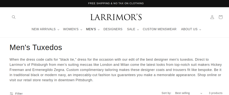 Website screenshot of Larrimor's - Pittsburgh's Men's Clothing and Fashion Store