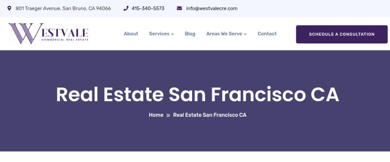 Website screenshot of WestVale Commercial Real Estate