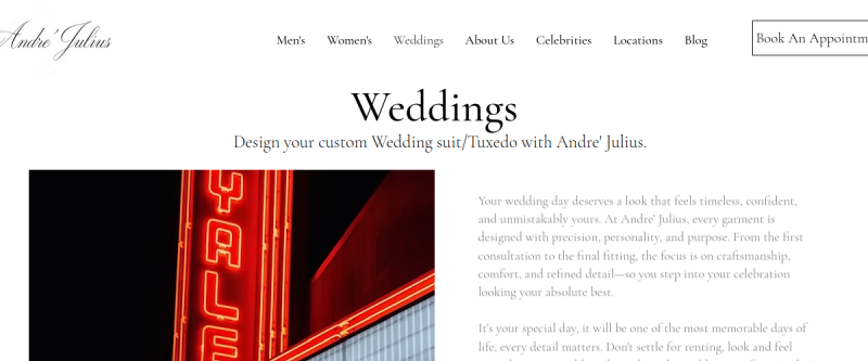 Website screenshot of Andre Julius - Custom Suits & Accessories