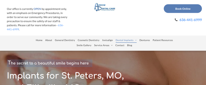 Website screenshot of Arrow Dental Care