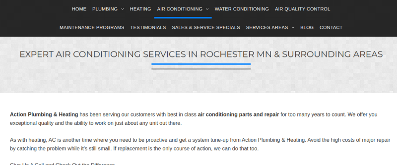 Website screenshot of Action Plumbing & Heating