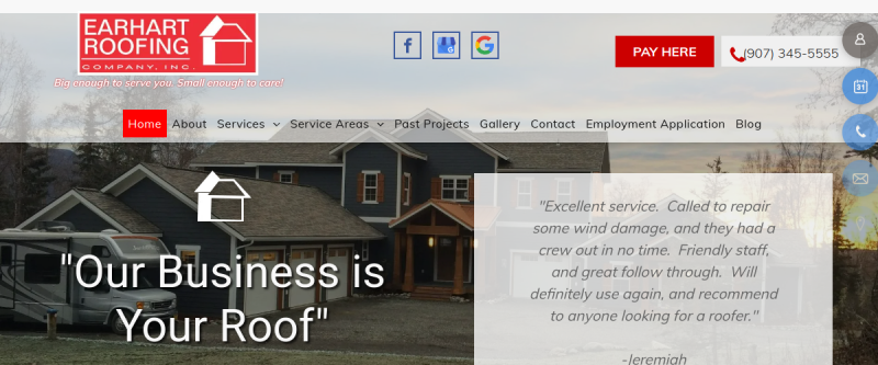 Website screenshot of Earhart Roofing Company Inc