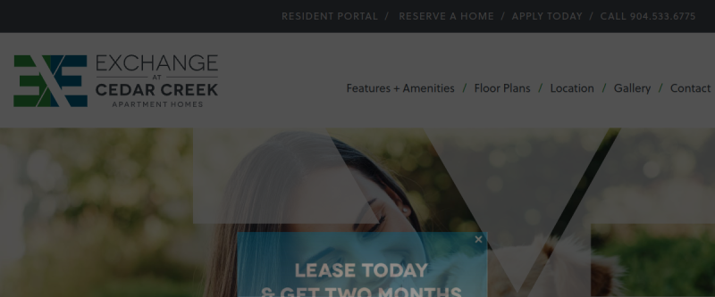 Website screenshot of Exchange at Cedar Creek