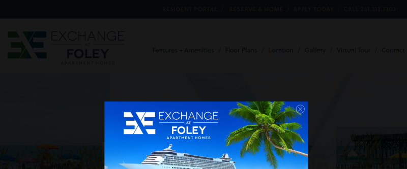 Website screenshot of Exchange at Foley Apartments Homes