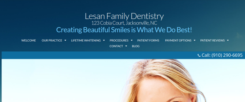 Website screenshot of Dr. Jon Douglas Lesan, DDS, RpH, PA