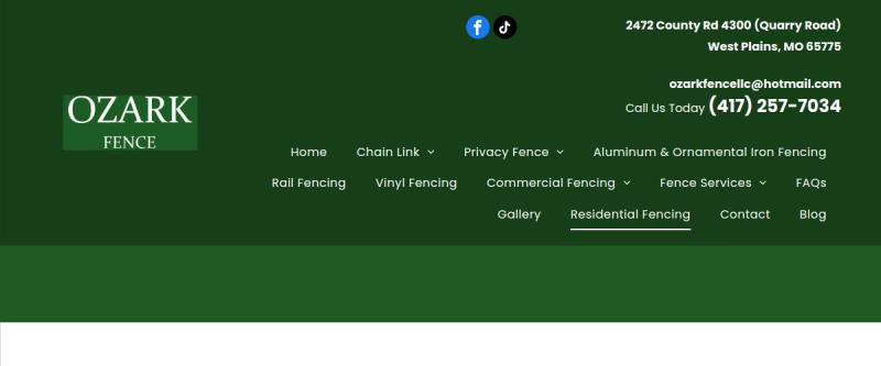 Website screenshot of Ozark Fence LLC