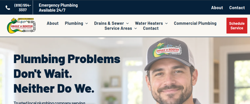 Website screenshot of Snake 'n' Rooter Plumbing Company