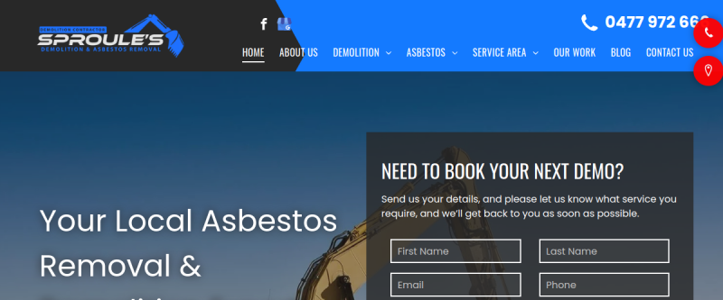 Website screenshot of Sproules Demolition & Asbestos Removal PTY LTD