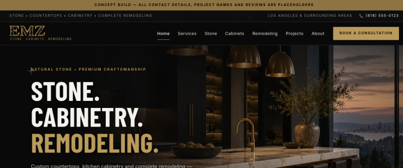The EMZ Stone & Cabinetry website, designed and built by IMDGFX