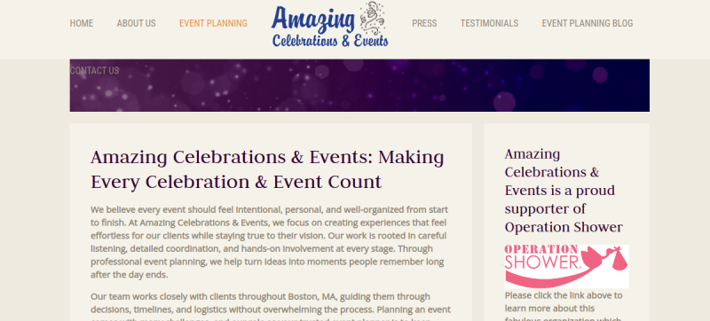 Website screenshot of Amazing Celebrations & Events