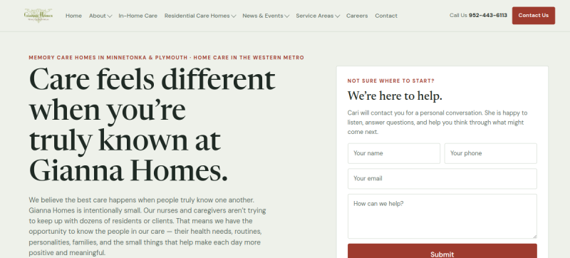 Website screenshot of Gianna Homes