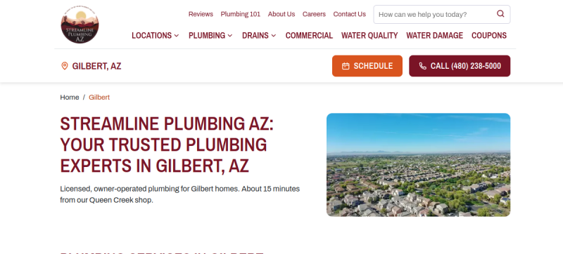 Website screenshot of Streamline Plumbing AZ
