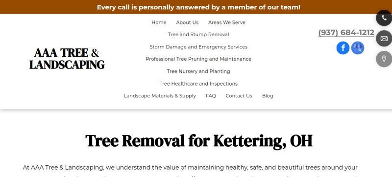 Website screenshot of AAA Tree Service