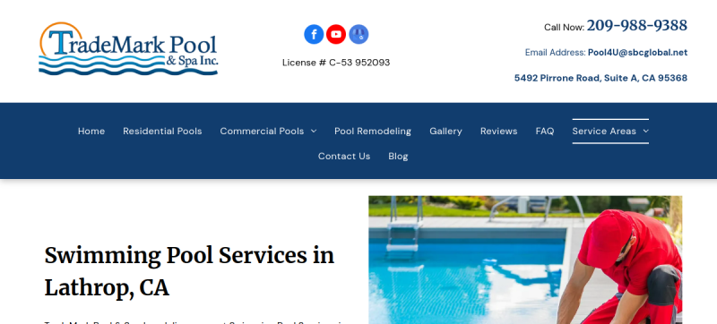 Website screenshot of Trademark Pool and Spa