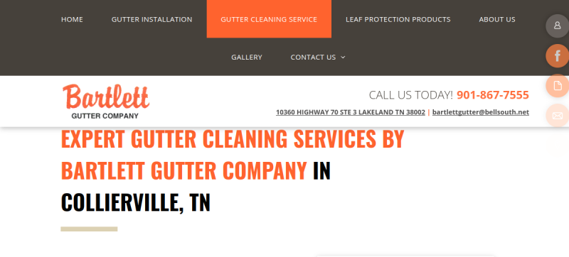 Website screenshot of Bartlett Gutter Co.