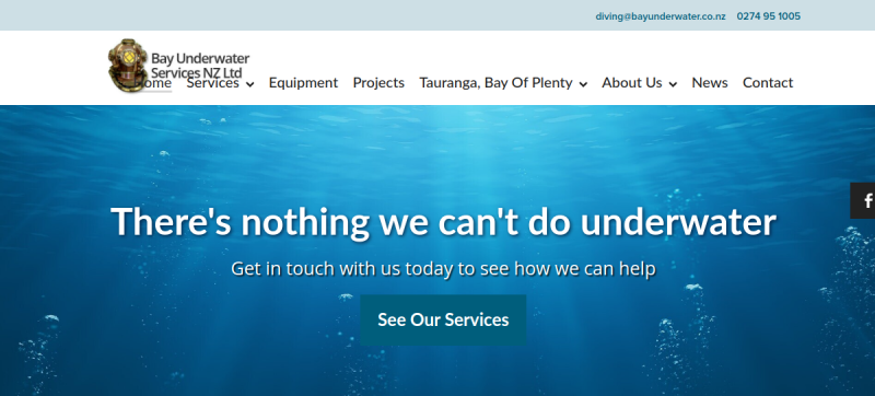Website screenshot of Bay Underwater Services NZ Limited