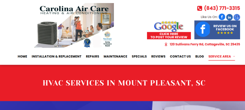 Website screenshot of Carolina Air Care