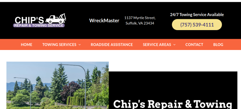 Website screenshot of Chip's Repair and Towing Service
