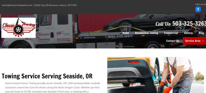 Website screenshot of Classic Towing