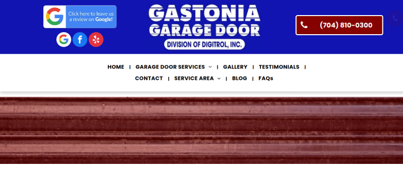 Website screenshot of Gastonia Garage Door Division of Digitrol Inc
