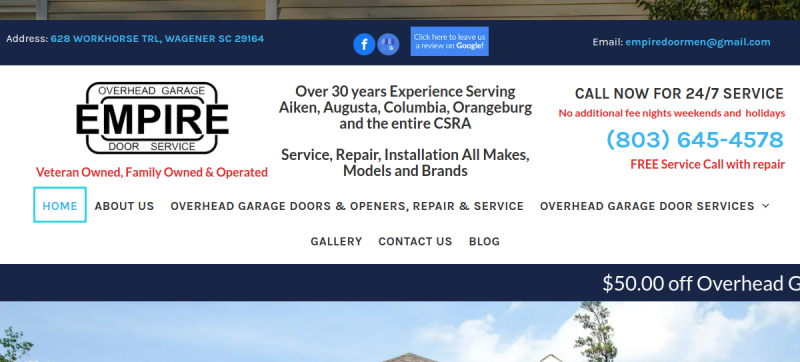 Website screenshot of Empire Overhead Garage Door Service