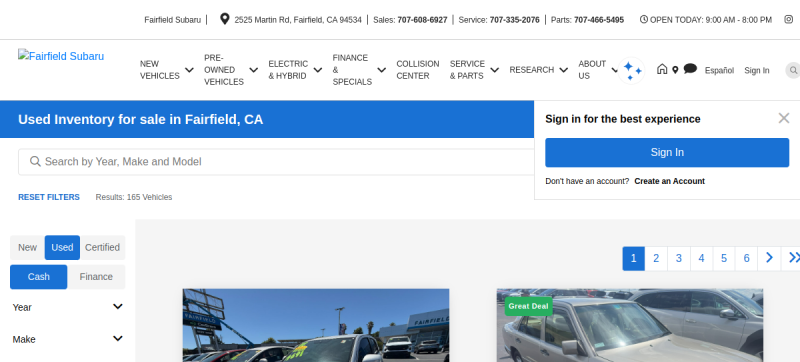 Website screenshot of Fairfield Subaru