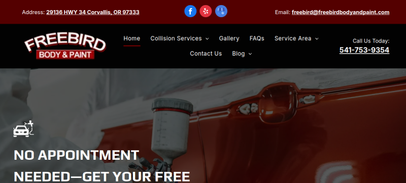 Website screenshot of Freebird Body & Paint