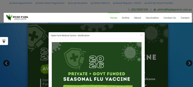 Website screenshot of Hyde Park Medical Centre