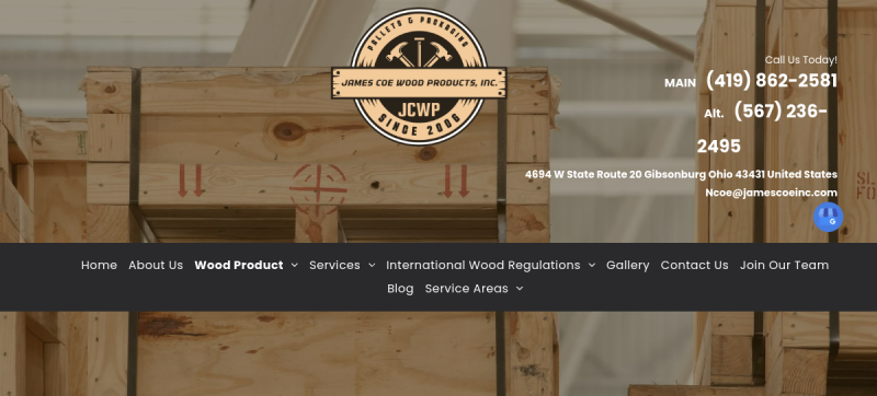 Website screenshot of James Coe Wood Products Inc.