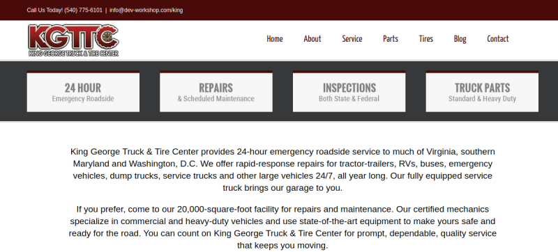 Website screenshot of King George Truck & Tire Center