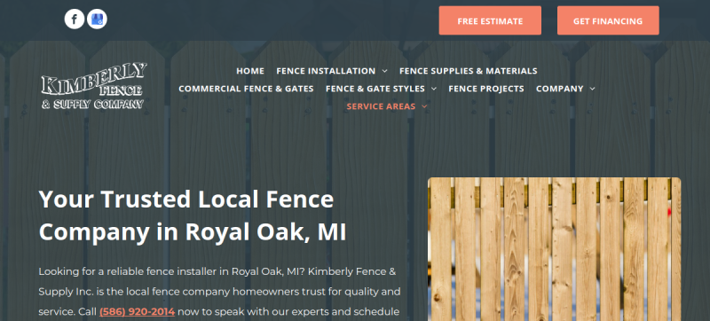 Website screenshot of Kimberly Fence & Supply Inc