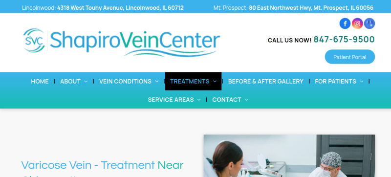 Website screenshot of Shapiro Vein Center - Lincolnwood