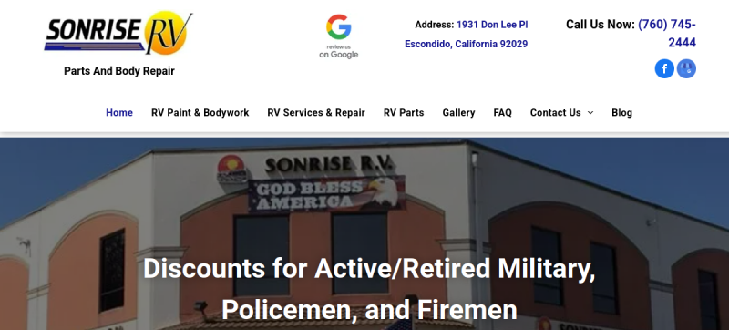 Website screenshot of Sonrise RV Parts and Body Repair