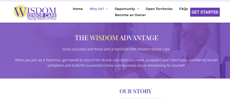 Website screenshot of Wisdom Senior Care Franchise