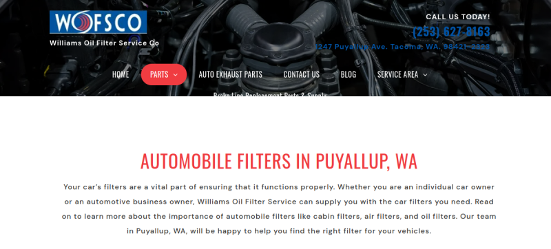 Website screenshot of Williams Oil Filter Service Company