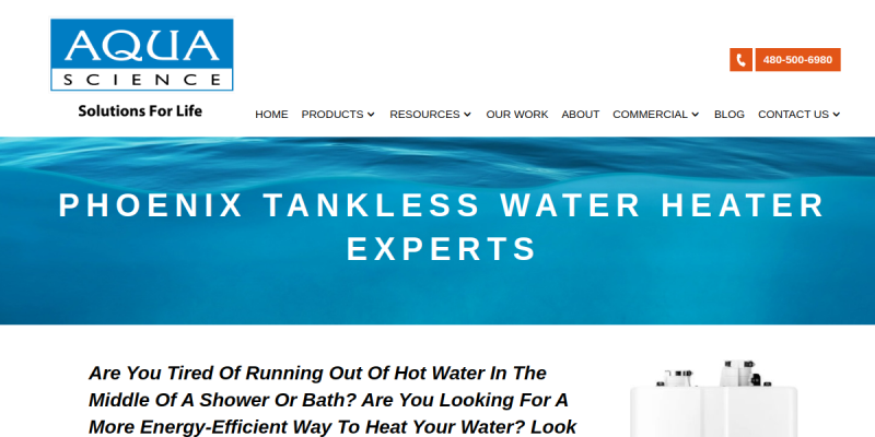 Aqua Science Provides Tankless Water Heater In Phoenix AZ website screenshot