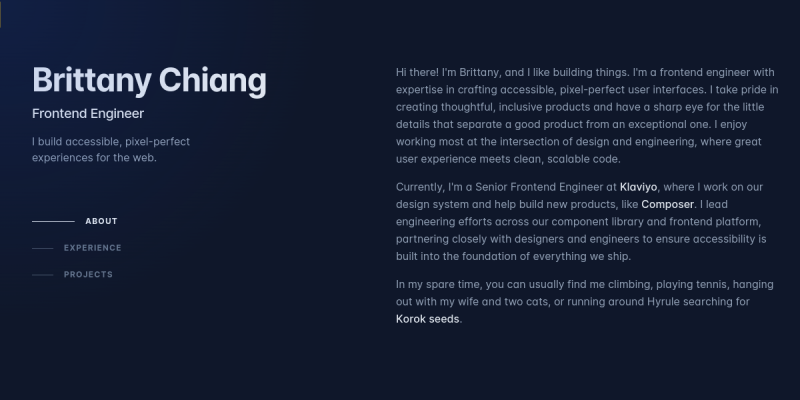 Screenshot of the Brittany Chiang landing page