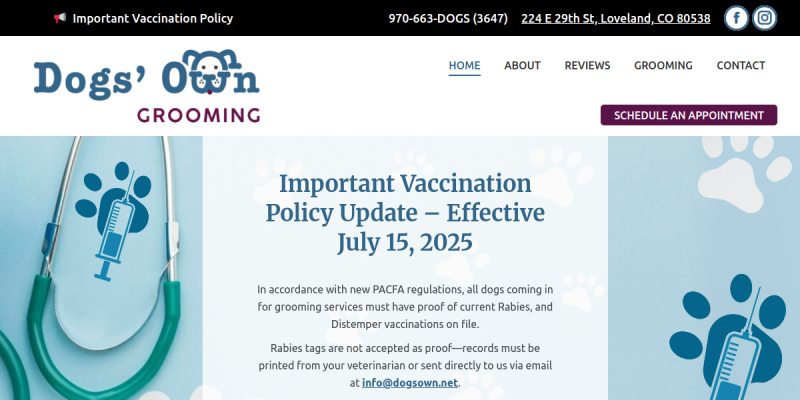 Dogs Own Grooming and Grooming School Is Local Pet Groomer In Loveland website screenshot