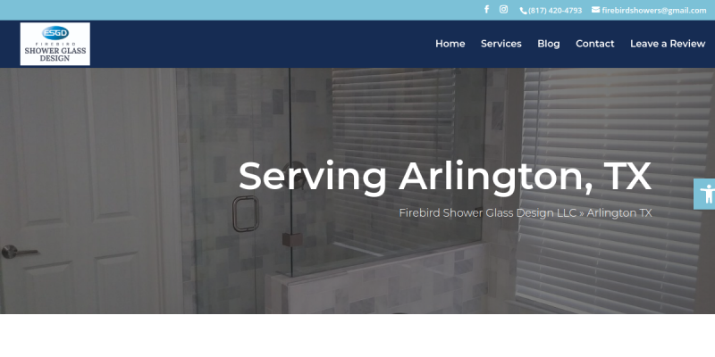 Firebird Shower Glass Design LLC Offers Expert Custom Glass Doors Service in Arlington TX website screenshot