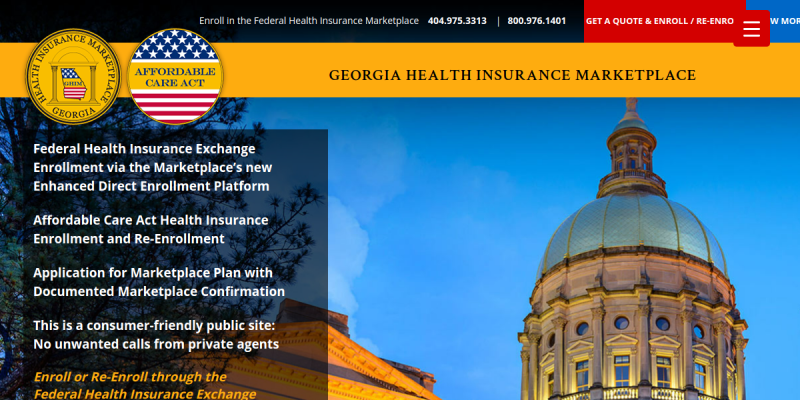 Market Place Plan Enrollment in Georgia residents website screenshot