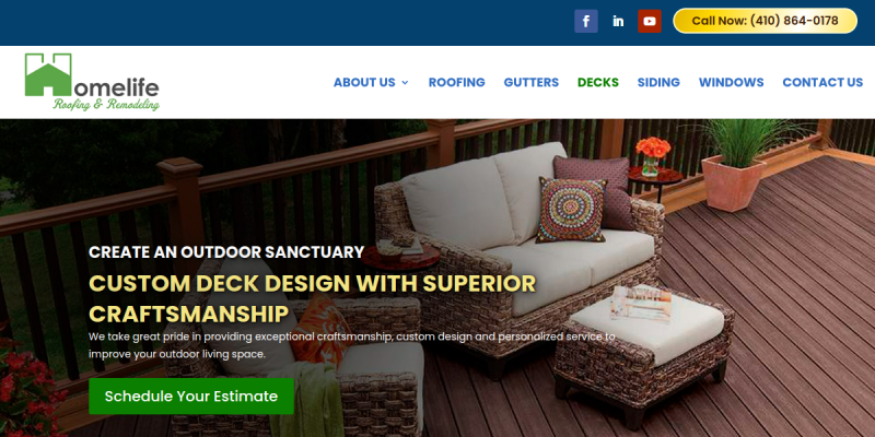 Homelife Roofing & Remodeling Provides Expert Deck Remodeling Services in Timonium, Maryland. website screenshot