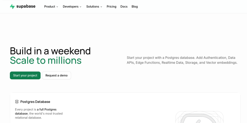 Screenshot of the Supabase landing page