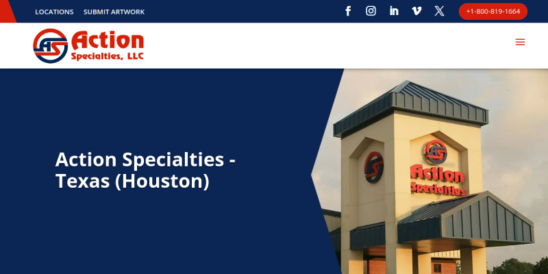 Action Specialties Provides Reliable Custom Apparel in Houston TX website screenshot