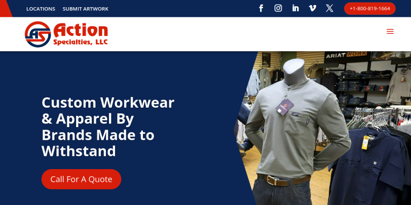Action Specialties Offers Tailored Custom Apparel in New Iberia LA website screenshot
