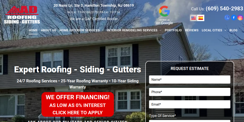 Roofing Company Westampton NJ website screenshot