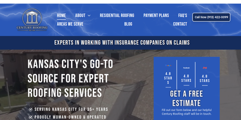 Century Roofing Provides Trusted Roofing Repair Services in Overland Park KS website screenshot