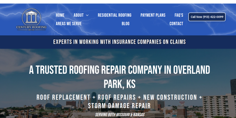 Century Roofing Offers New Roof Installation Services In Overland Park KS website screenshot
