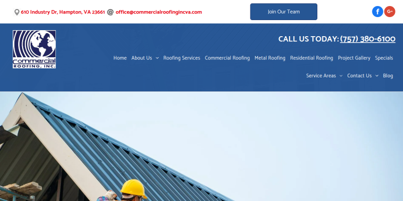 Commercial Roofing Contractor Williamsburg VA website screenshot