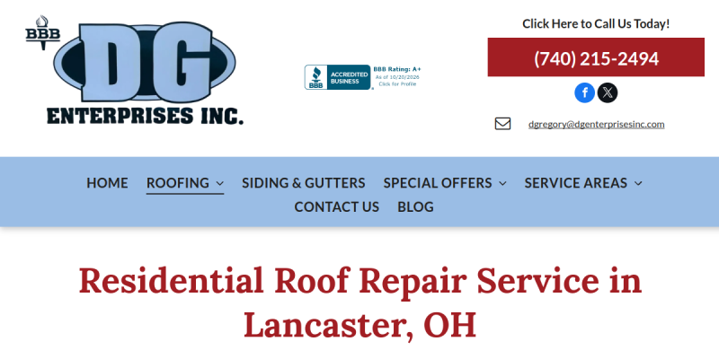 Emergency Roof Repair Lancaster OH website screenshot